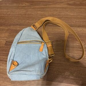 Antik Denim Light Blue Canvas Crossbody with Tan Strap
